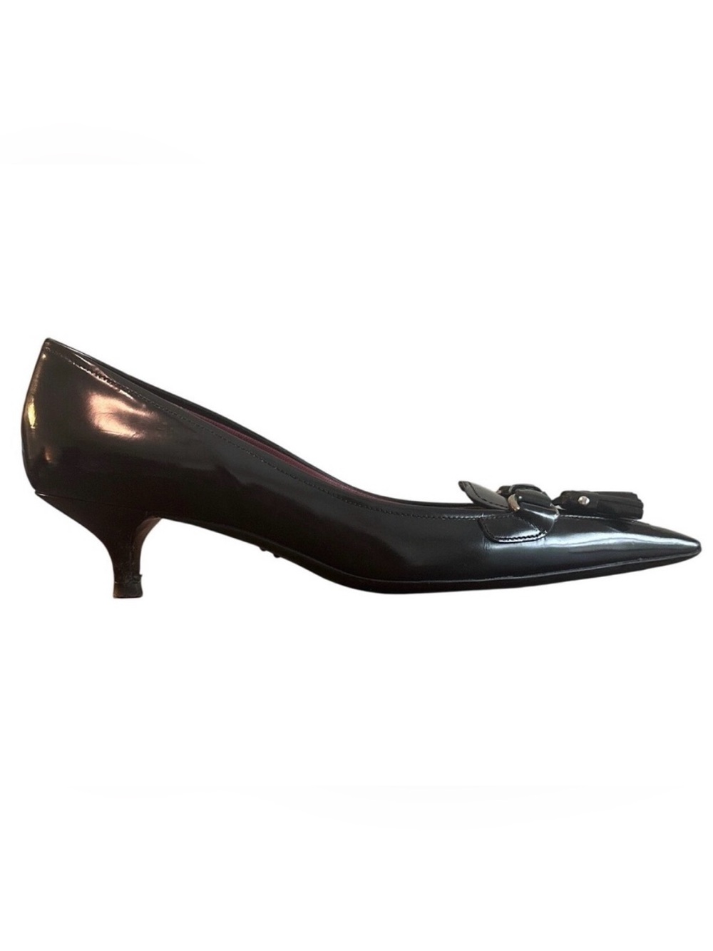 Vintage Prada Black Leather Tassel Pointed Toe Kitten Heels 36.5